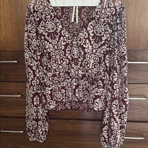 Anthropologie Red and White Puff Sleeve Crop Blouse Sheer Size L